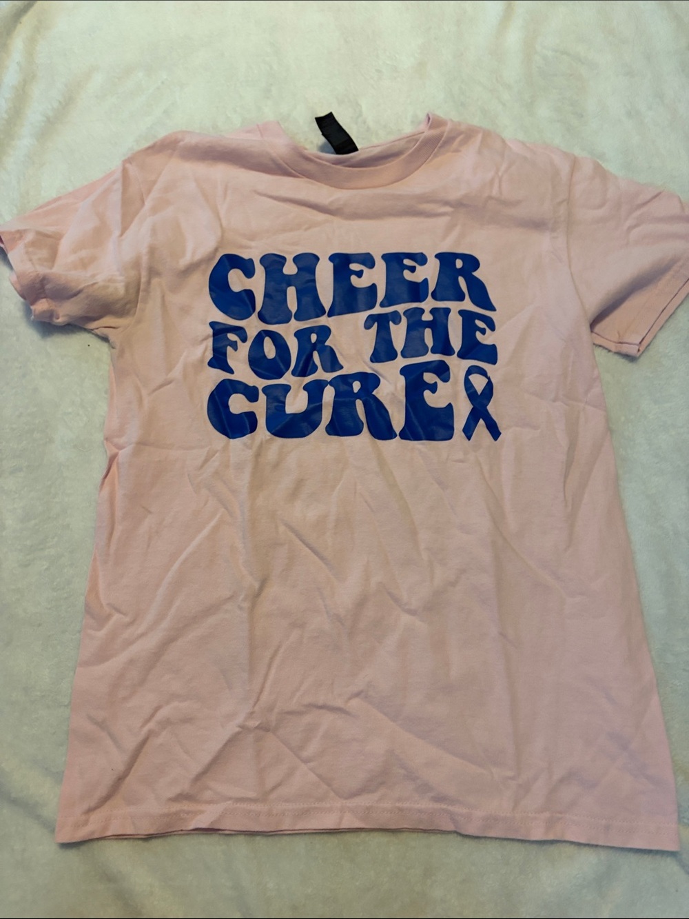 Gildan Pink Tee with Bold Blue "Cheer for the Cure" Graphic